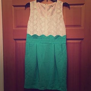 White and Mint Scallop and Lace Dress